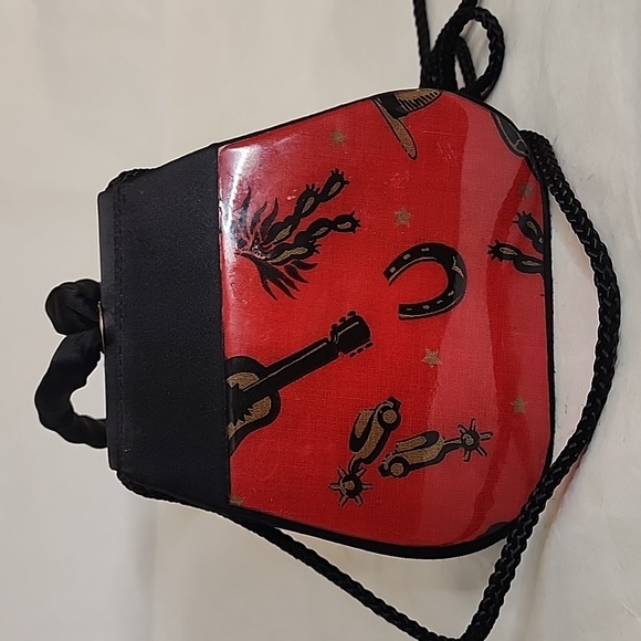 Vtg‎ Angela Frascone Black Red Satin Resin Purse Western Motif tassel bling - Picture 5 of 7